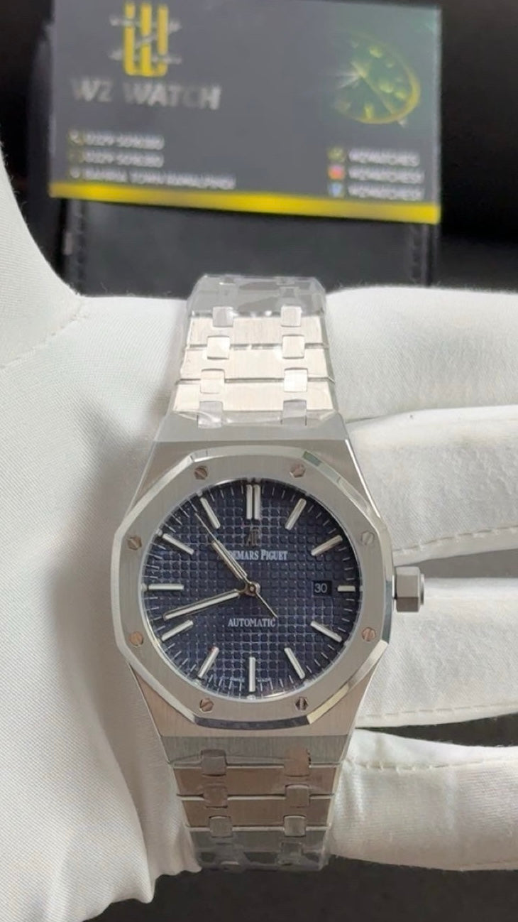 Silver with blue dial