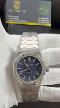 Silver with blue dial