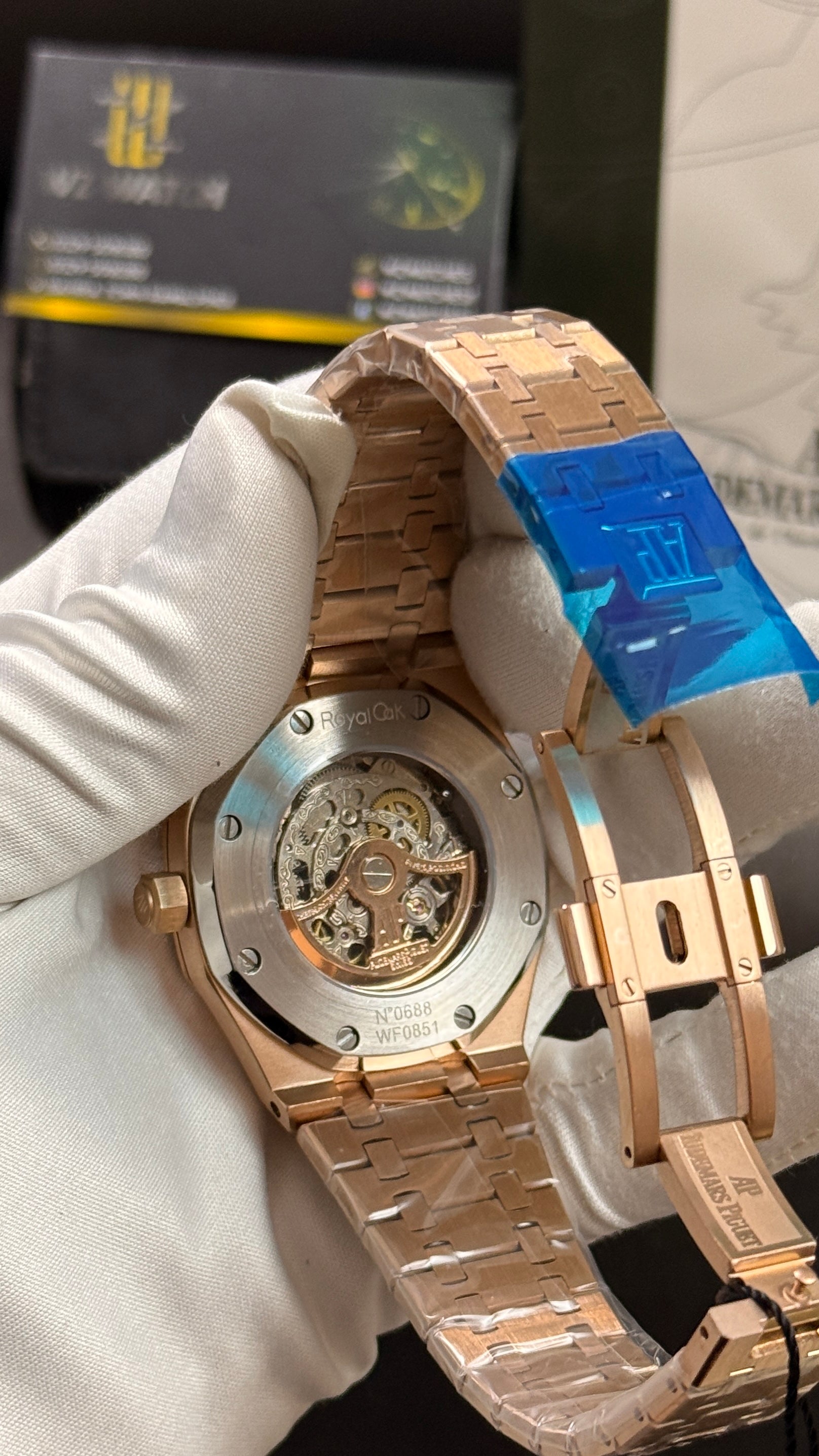 Rose gold with white skeleton dial