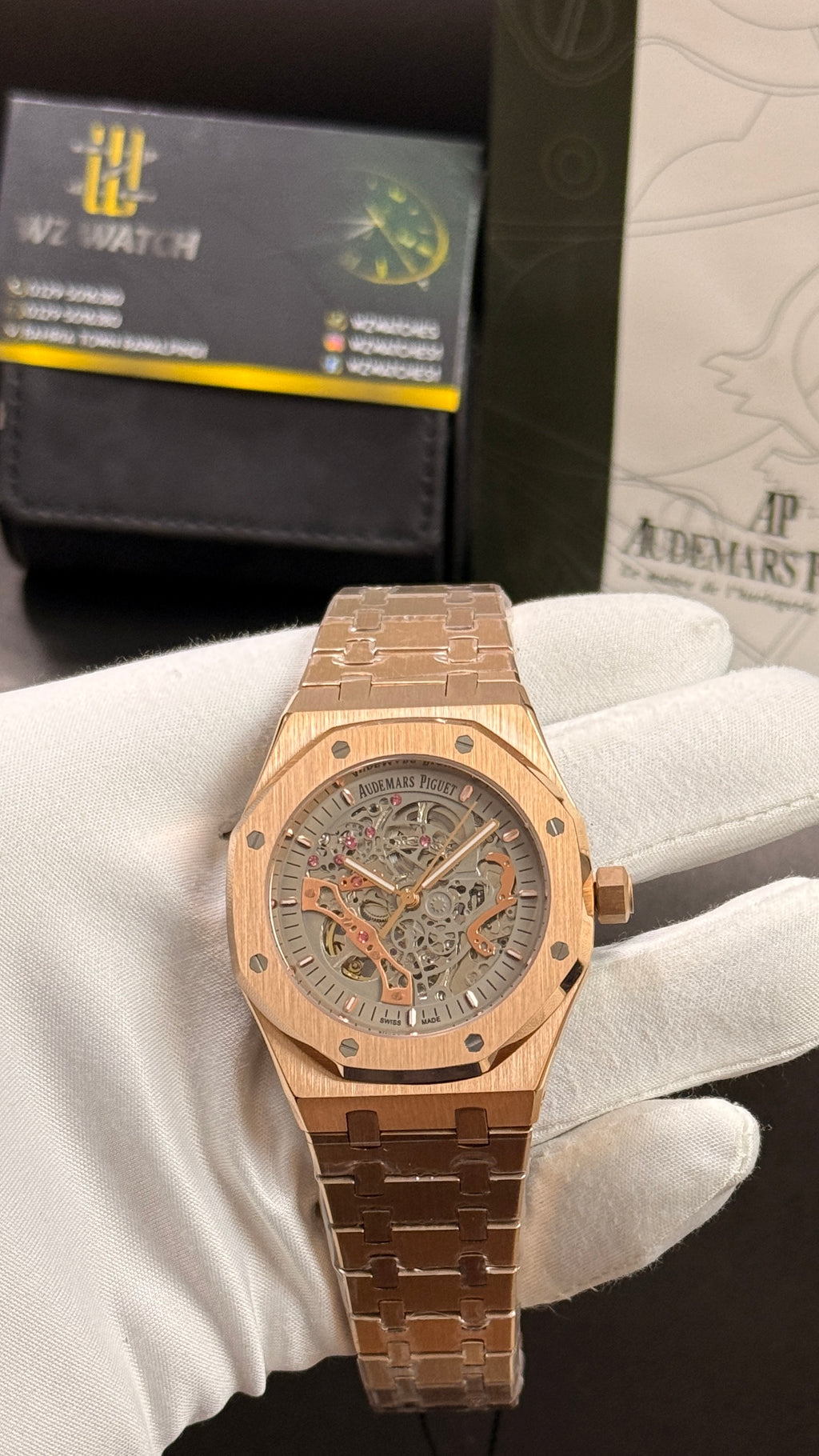 Rose gold with white skeleton dial