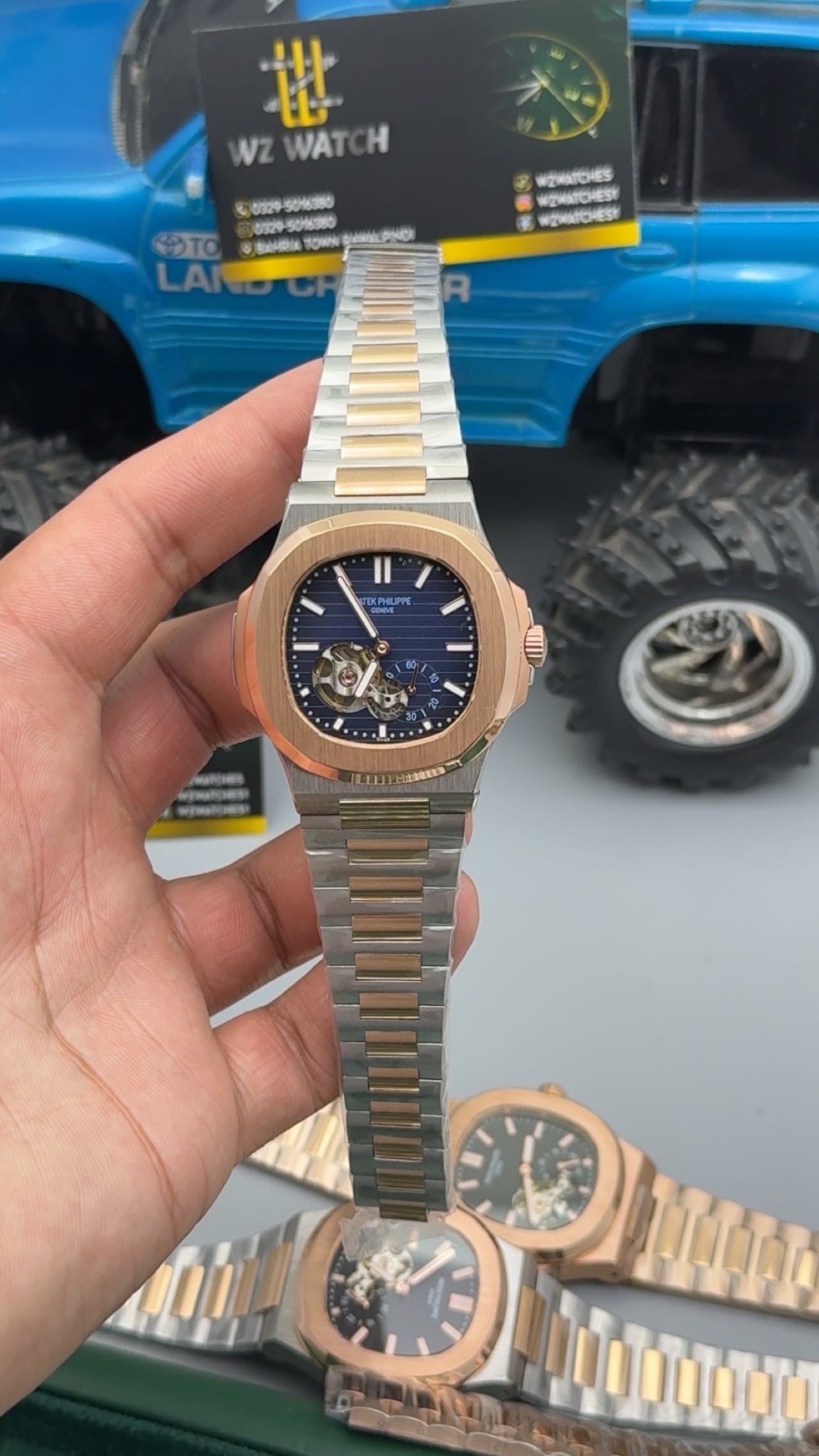 Rose gold two tone with blue Dial.