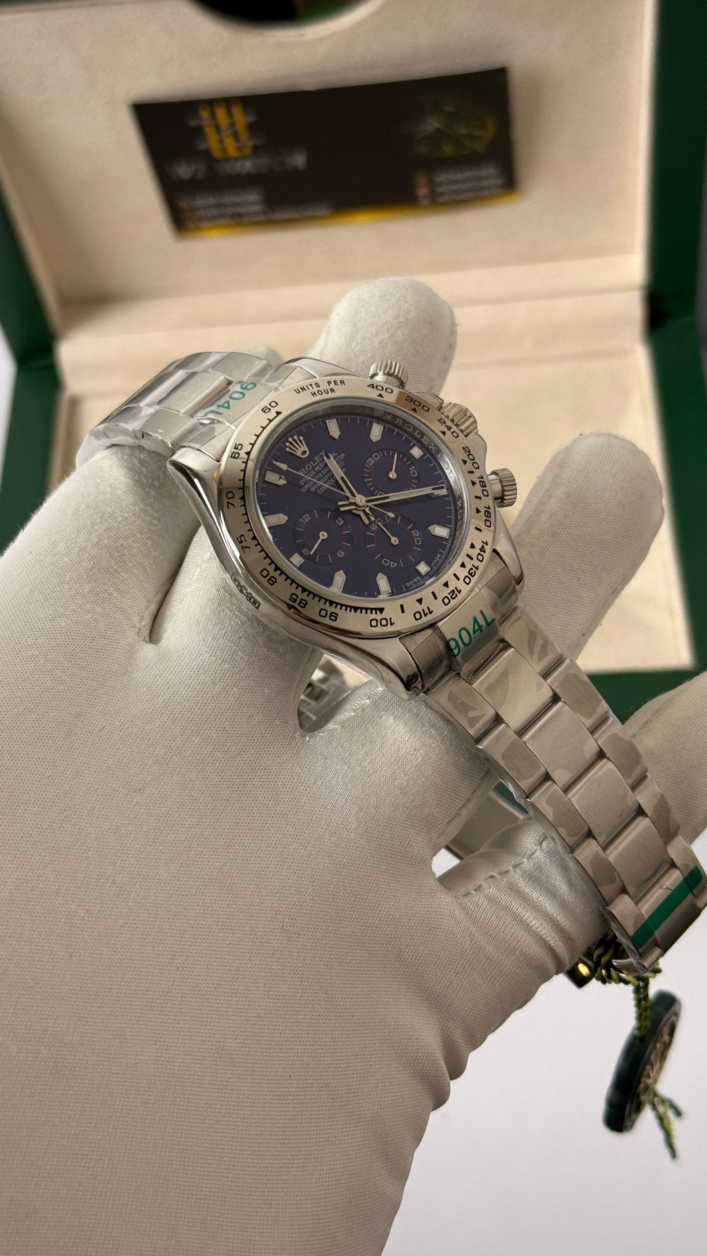 Silver with blue dial