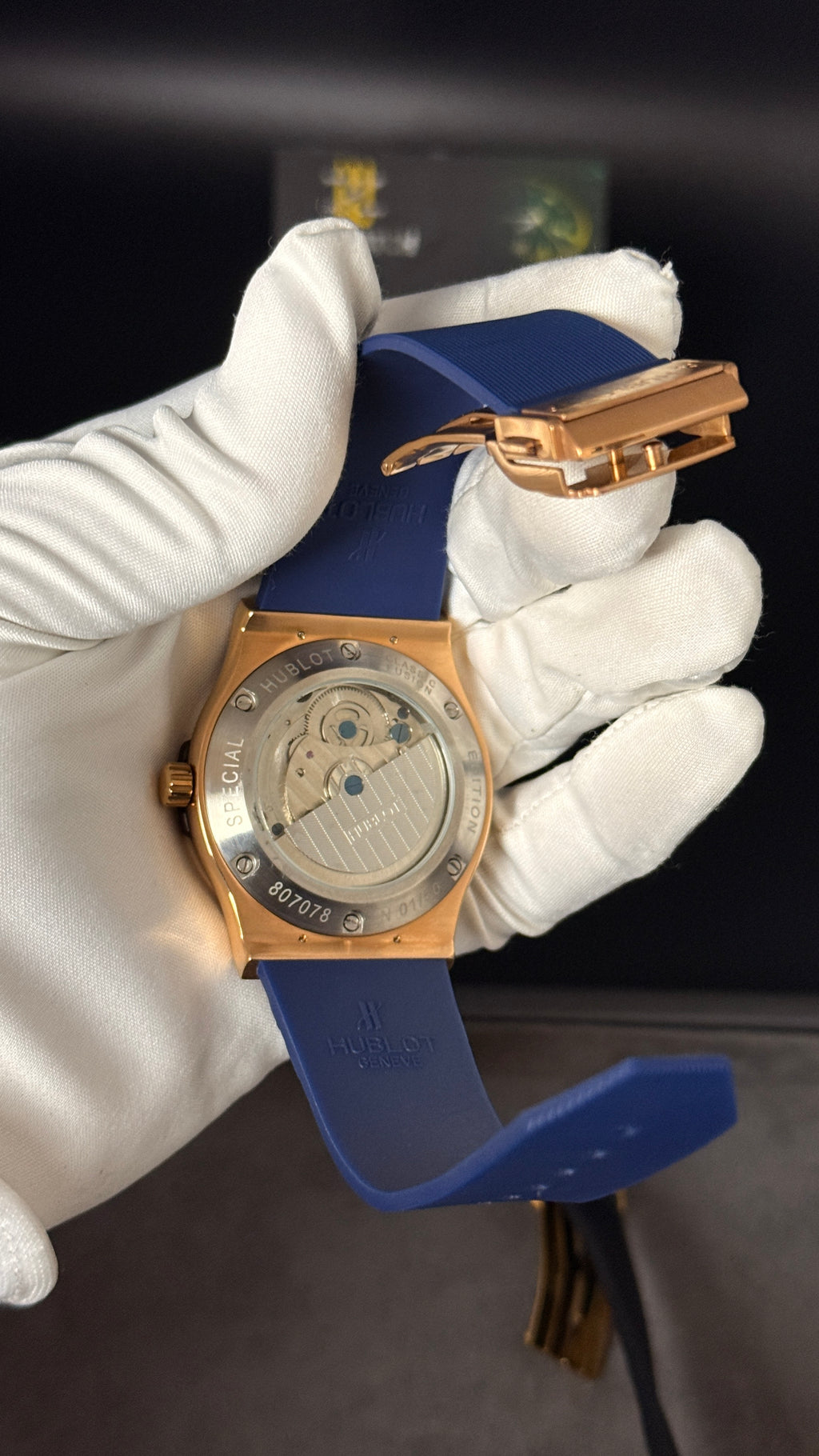Rose gold with blue skeleton Dial