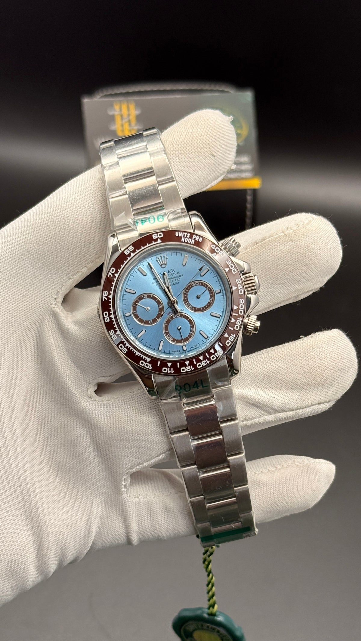 Silver with sky blue Dial.