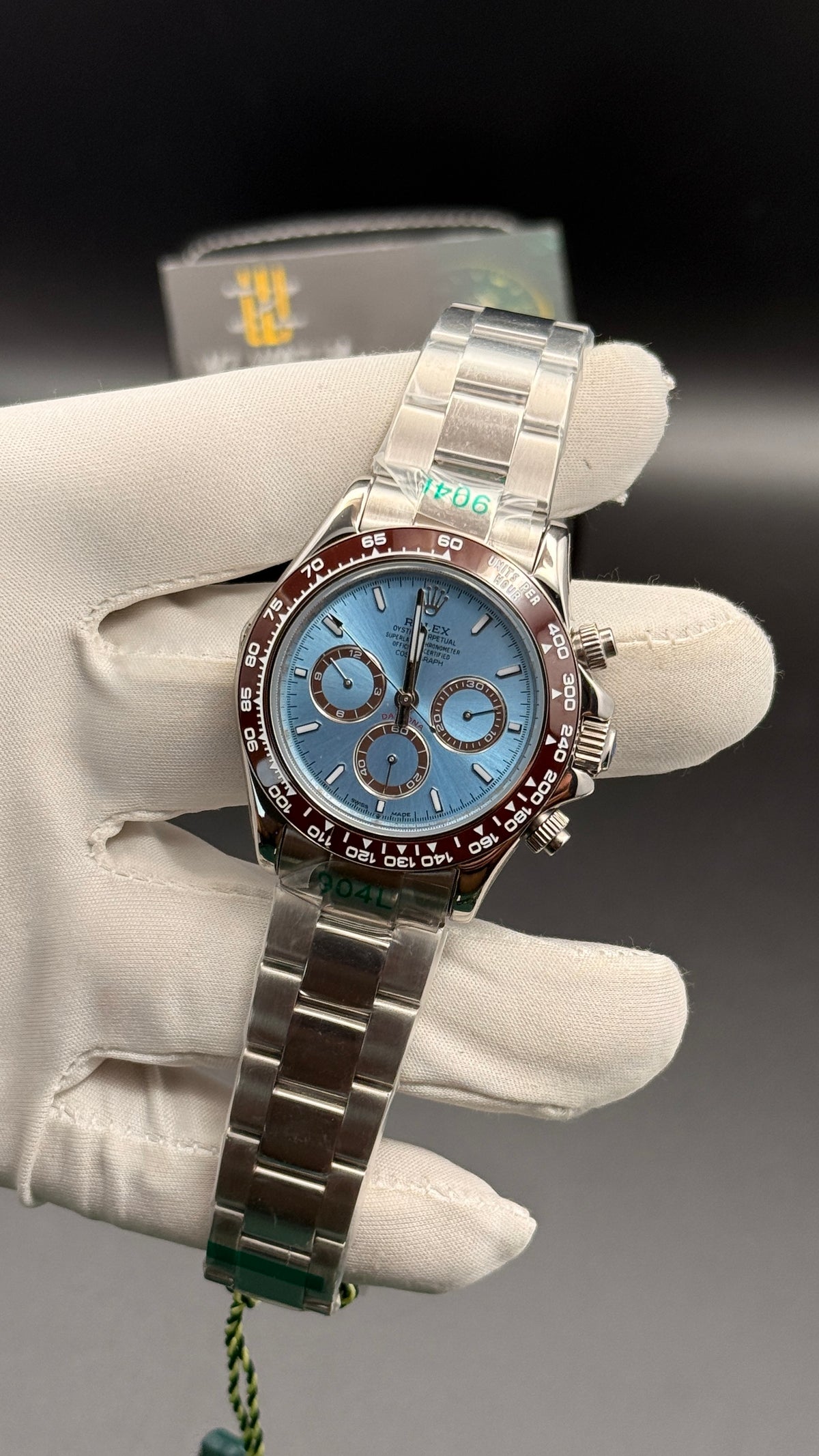 Silver with sky blue Dial.